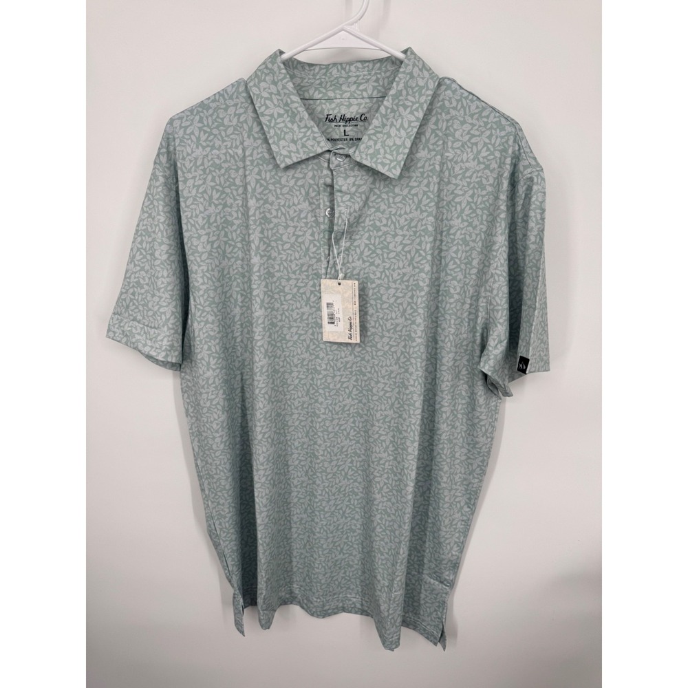 NWT Fish Hippie Co Subtle All-Over Print Polo Shirt Men's Large Light‎ Green